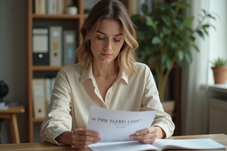 Femme consultant un contrat de bail de location imprimé à son bureau à domicile