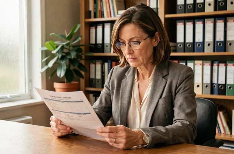 Femme consultant les garanties de sa mutuelle santé à son bureau à domicile