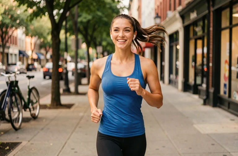 Jeune femme souriante qui court en ville avec des écouteurs sans fil, illustrant l'énergie des chansons motivantes pour le sport