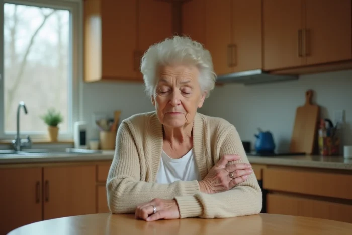 Femme âgée tenant son bras après la deuxième dose du vaccin contre le zona, expression de légère gêne dans une cuisine familiale