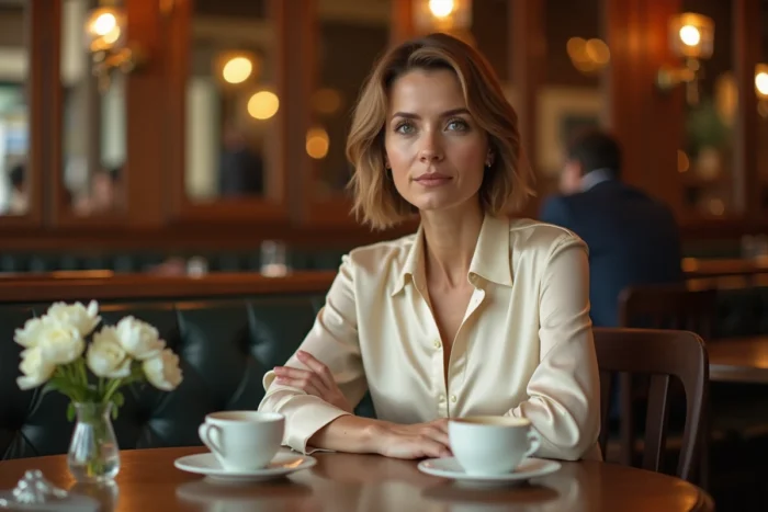 Femme élégante dans un café parisien lors d'un moment intime de célébration, style editorial