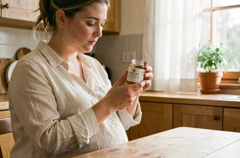 Femme enceinte lisant l'étiquette d'un flacon de propolis dans une cuisine naturelle en bois