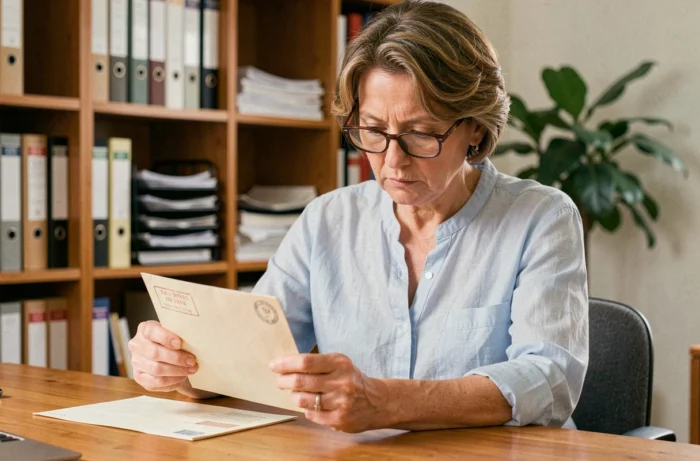 Femme examinant le tarif d'affranchissement d'une lettre à son bureau à domicile en 2026