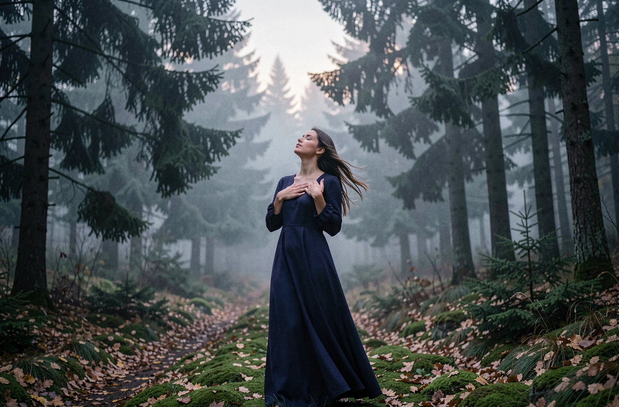 Femme en robe indigo debout seule à l'orée d'une forêt brumeuse au crépuscule, main sur le cœur dans une posture méditative évoquant le voyage spirituel des flammes jumelles