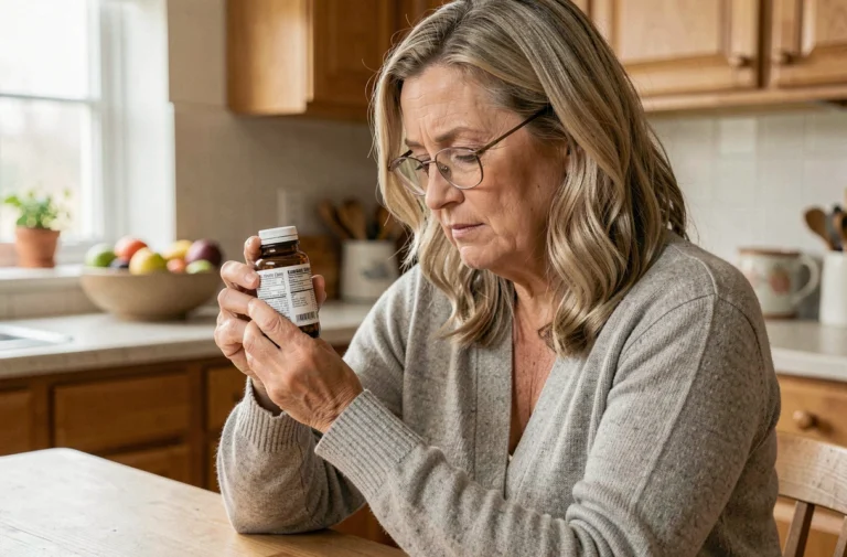 Femme d'âge mûr lisant la notice d'un complément alimentaire Memoptic à la maison, examinant les effets secondaires possibles