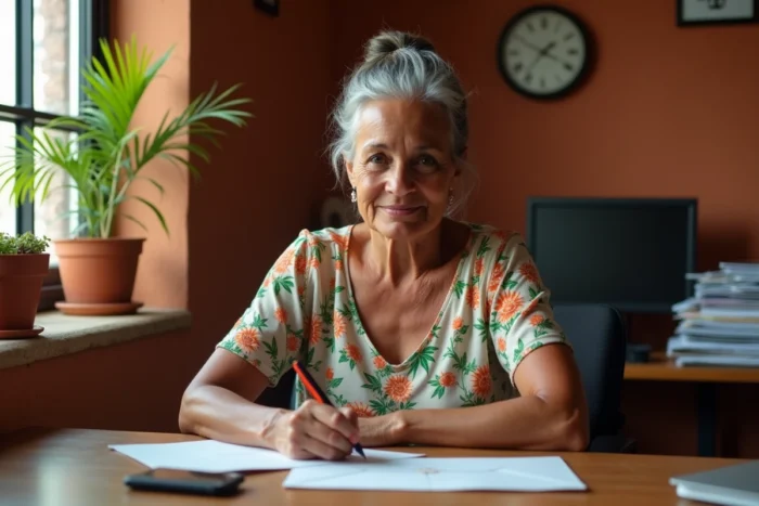 Femme mauricienne écrivant une adresse postale avec code postal sur une enveloppe dans un bureau à domicile
