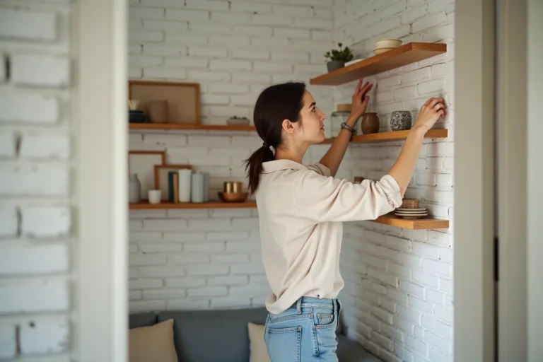 Femme arrangeant des étagères minimalistes dans un petit appartement bien organisé, illustrant l'art de vivre dans un espace réduit