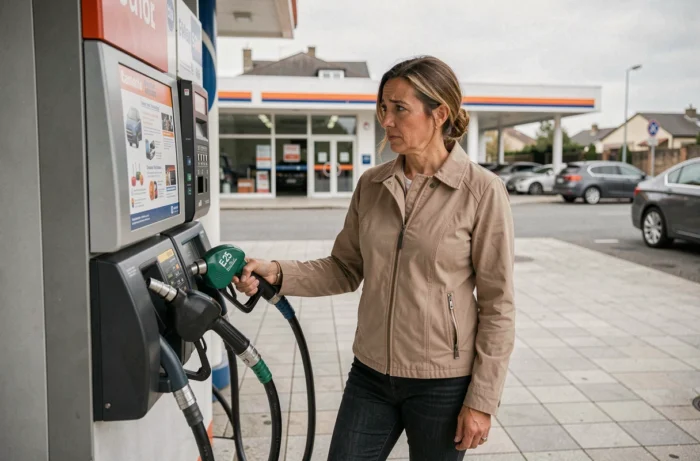 Femme faisant le plein de sa BMW avec du carburant E25 à la pompe, lisant les informations sur l'éthanol
