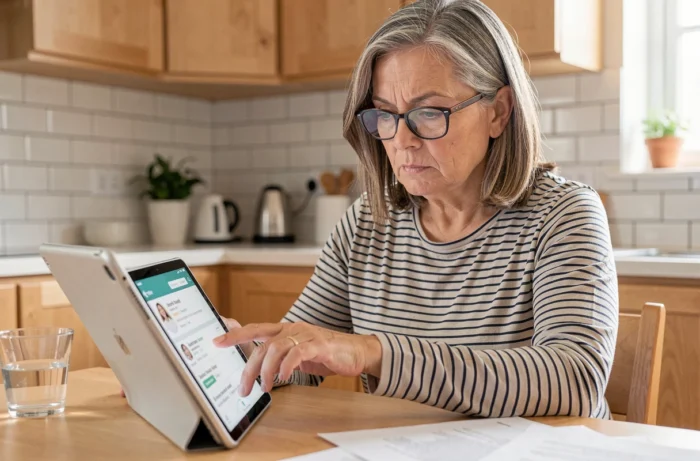 Femme d'une quarantaine d'années recherchant des offres d'emploi correspondant à son profil sur une tablette dans une cuisine moderne