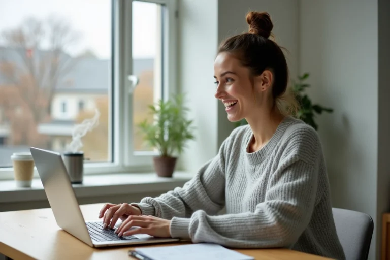 Femme consultant des annonces immobilières en ligne sur son ordinateur portable dans un bureau à domicile moderne