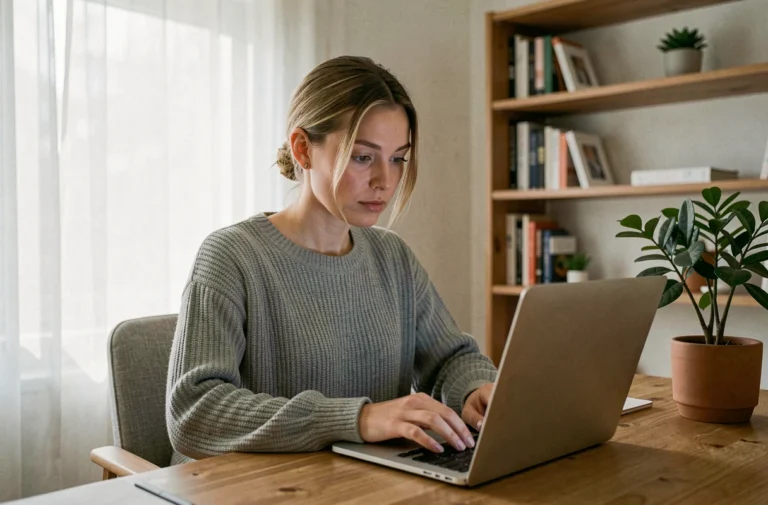 Femme cherchant des offres d'emploi en ligne sur un ordinateur portable dans un bureau à domicile moderne