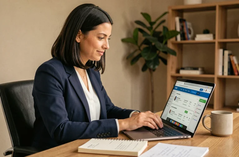 Femme professionnelle cherchant des offres d'emploi adaptées à son profil sur un ordinateur portable dans un bureau à domicile moderne