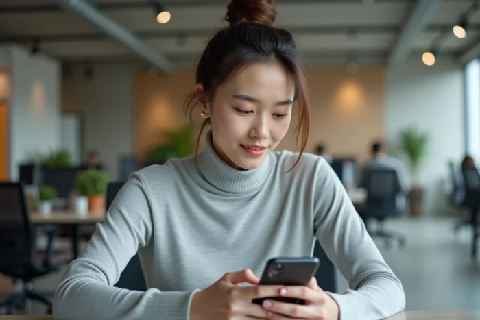 Femme professionnelle utilisant un smartphone pliable dans un bureau tech moderne, illustrant les dernières tendances technologiques