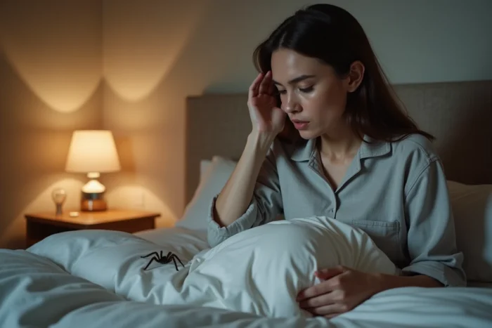 Femme surprise découvrant une araignée sur son lit la nuit
