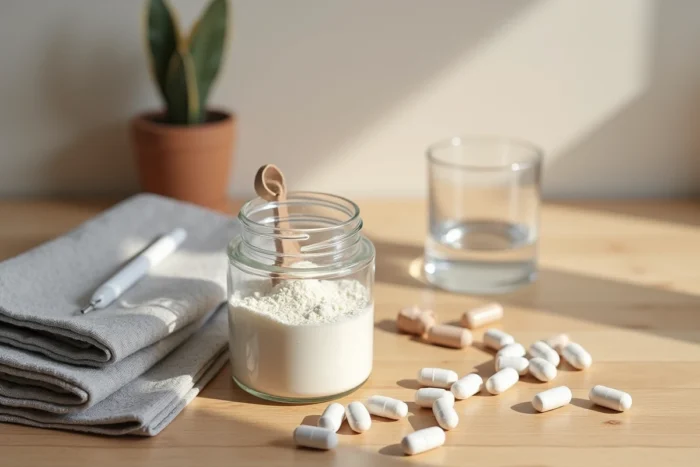 Composition à plat de créatine en poudre, capsules probiotiques et accessoires sportifs sur une table en bois