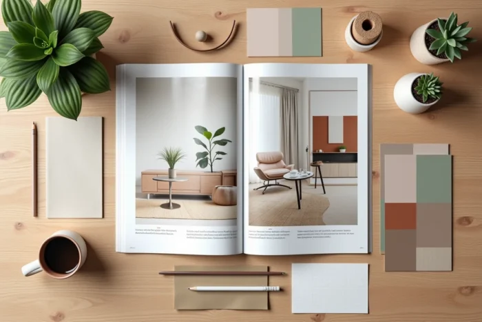 Plusieurs numéros du magazine de décoration Maison à Ma Façon disposés en flat lay sur une table en bois avec des accessoires créatifs