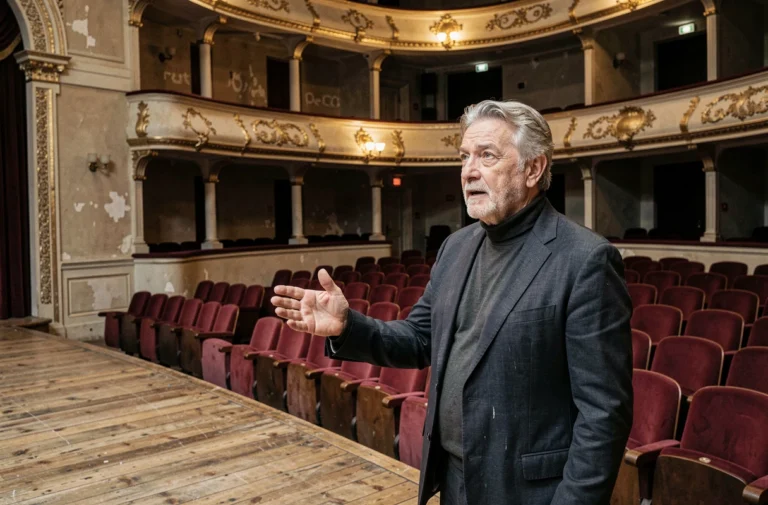 Francis Azema, metteur en scène emblématique du théâtre toulousain, sur scène dans un théâtre à l'italienne avec balcons dorés et fauteuils en velours rouge
