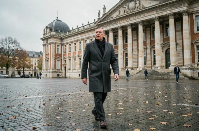Francis Azema, figure du théâtre à Toulouse, photographié place du Capitole devant la façade emblématique de la mairie de Toulouse en automne