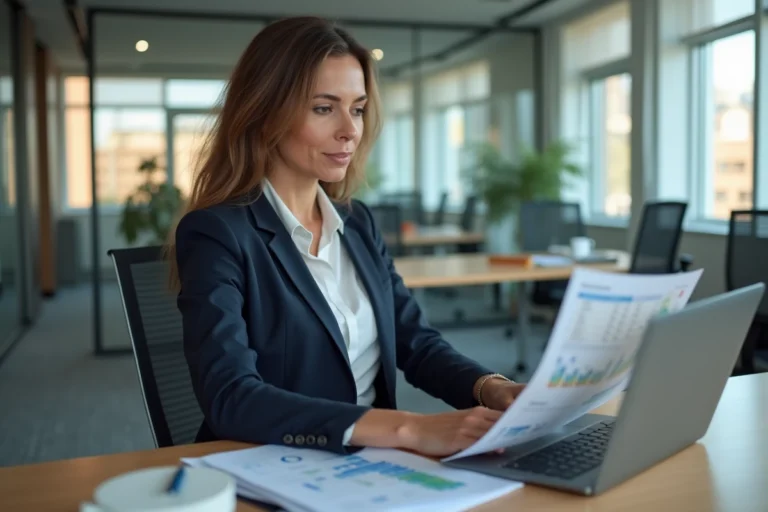 Professionnelle de la gestion immobilière utilisant un portail syndic sur ordinateur dans un bureau moderne