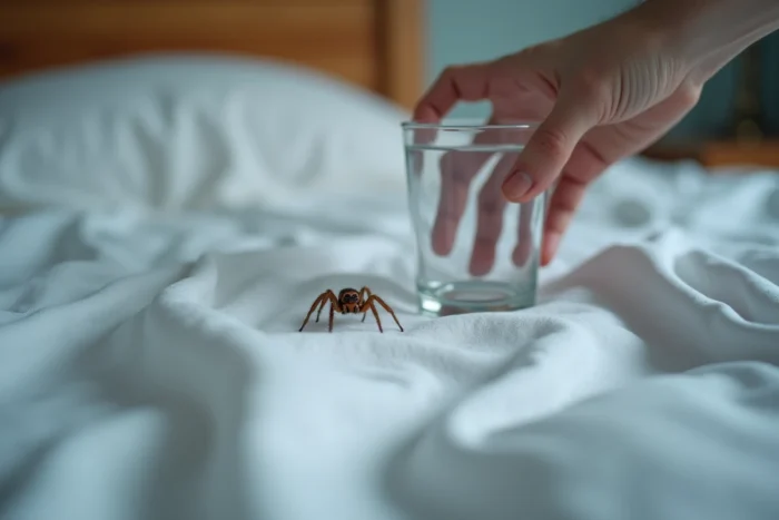Gros plan d'une araignée sur des draps blancs avec un verre pour la capturer