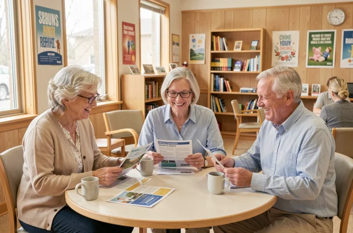 Un groupe de seniors réunis dans un centre communautaire consulte des brochures sur les ressources disponibles pour bien vivre sa retraite