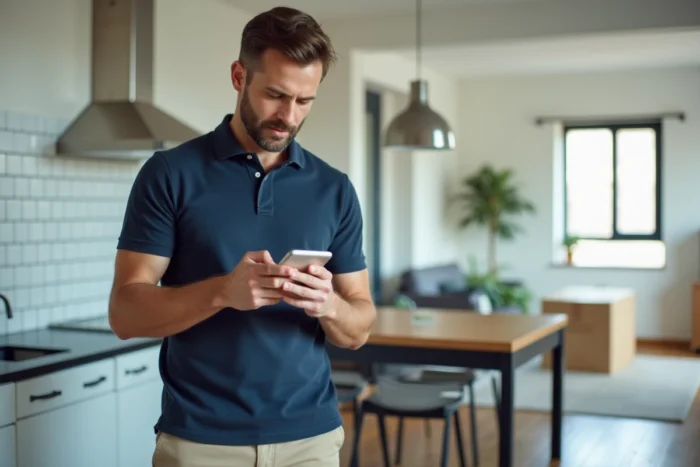 Homme consultant une annonce de location sur smartphone dans une cuisine d'appartement moderne