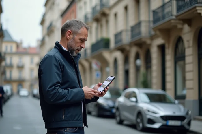Homme consultant une application immobilière sur son smartphone devant un immeuble en ville
