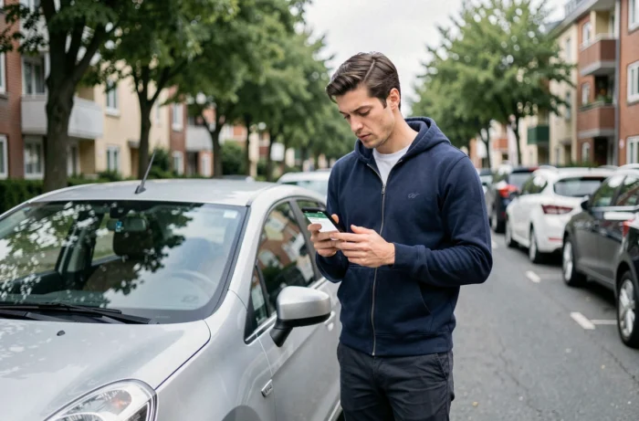Homme consultant l'application de covoiturage Karos sur son téléphone debout à côté de sa voiture dans une rue résidentielle