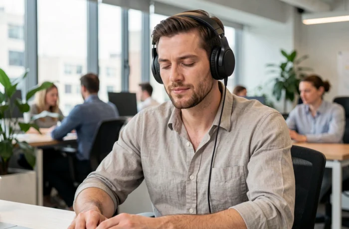 Homme au bureau avec un casque audio sur les oreilles, concentré et motivé par la musique pendant sa journée de travail