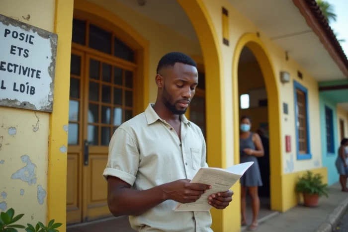 Jeune homme consultant un guide des codes postaux devant un bureau de poste à Port Louis, île Maurice