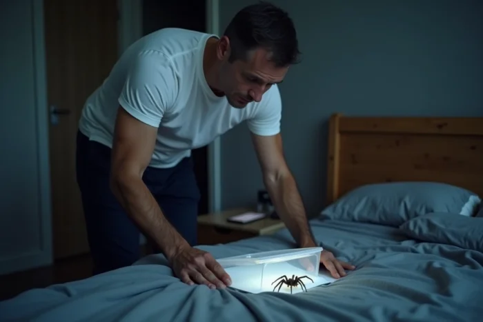Homme capturant calmement une araignée sous un récipient transparent sur son matelas