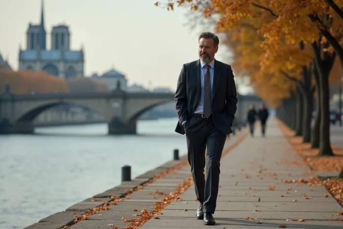 Homme en costume sombre se promenant sur les quais de la Seine à Paris en automne, ambiance éditoriale