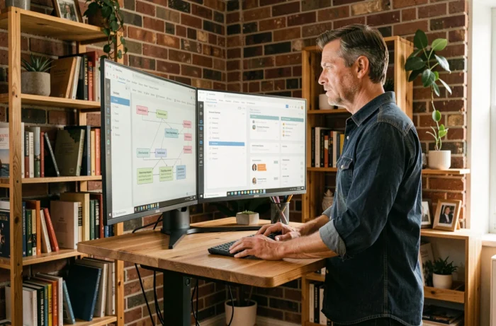 Homme debout à son bureau double écran consultant la structure et le plan du site Tekniko