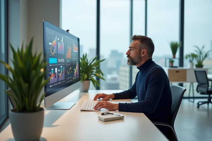 Homme d'affaires interagissant avec un écran OLED transparent affichant des données technologiques dans un bureau design