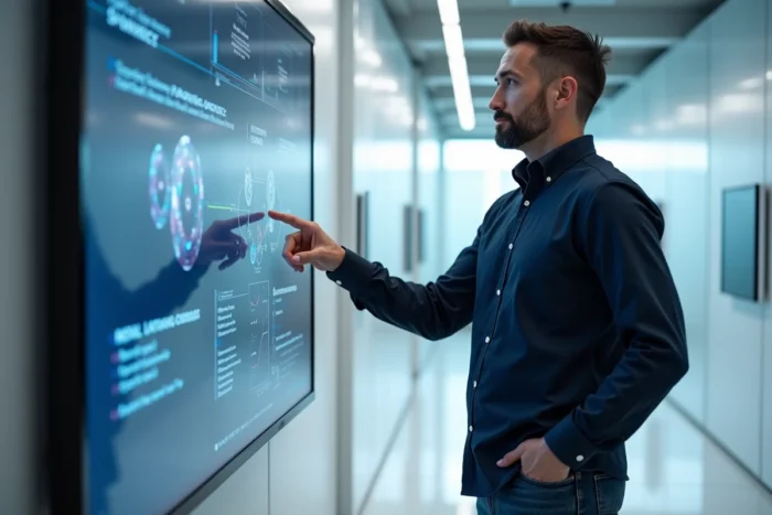 Homme en interaction avec un écran tactile intelligent affichant des interfaces d'intelligence artificielle dans un showroom technologique