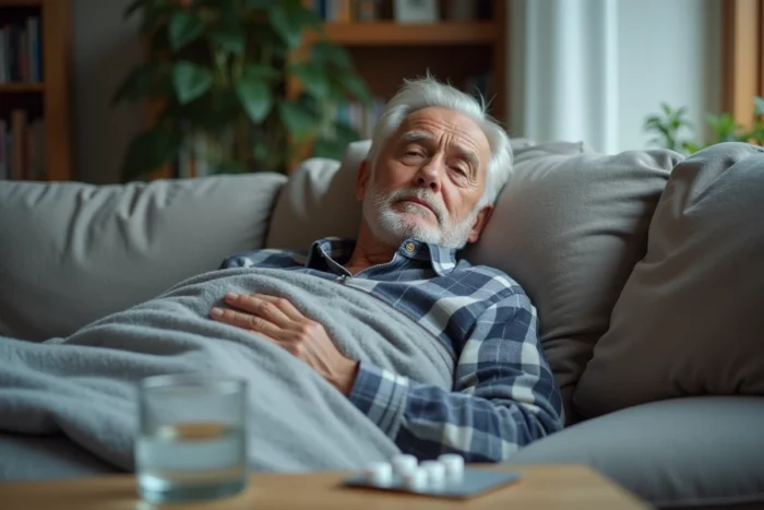 Homme âgé allongé sur un canapé avec de la fatigue après la vaccination contre le zona, médicaments posés sur la table basse