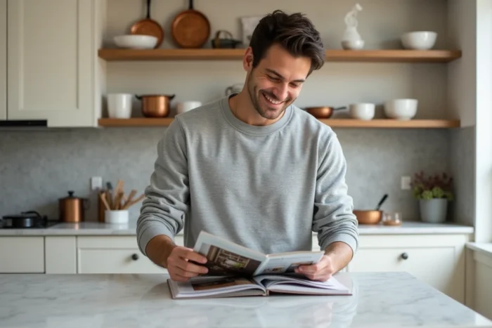 Homme feuilletant un numéro du magazine Maison à Ma Façon dans une cuisine moderne et élégante