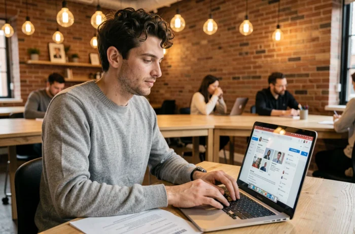 Jeune homme consultant des offres d'emploi en ligne dans un espace de coworking avec son CV imprimé posé à côté