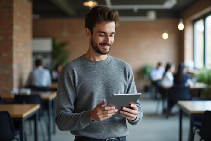 Homme parcourant des offres d'emploi sur tablette dans un espace de coworking moderne