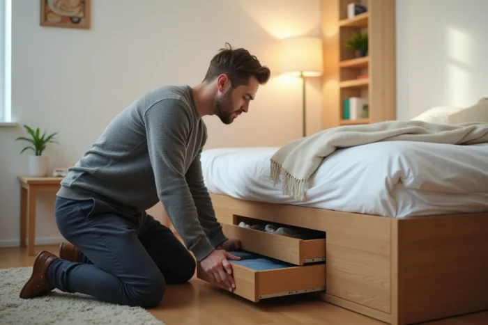 Homme utilisant des tiroirs de rangement sous le lit dans une petite chambre optimisée, symbole du minimalisme et du rangement intelligent