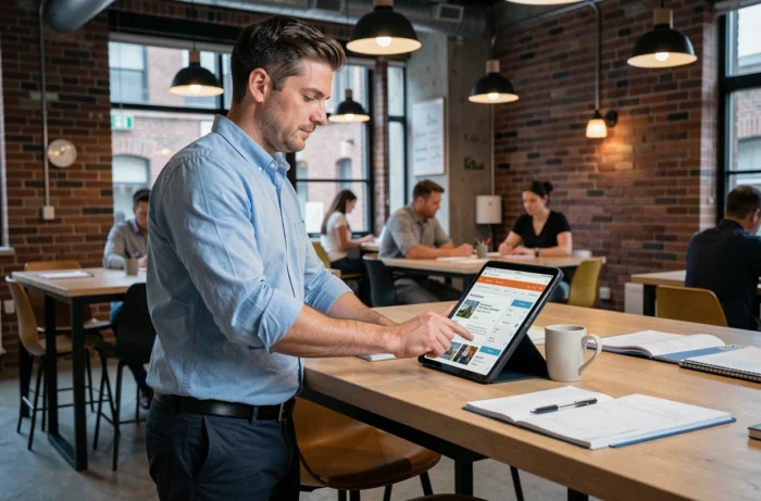 Homme consultant des offres d'emploi sur une tablette dans un espace de coworking urbain
