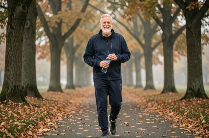 Un homme retraité actif marche dans un parc en automne, illustrant les bienfaits d'une retraite dynamique et en bonne santé