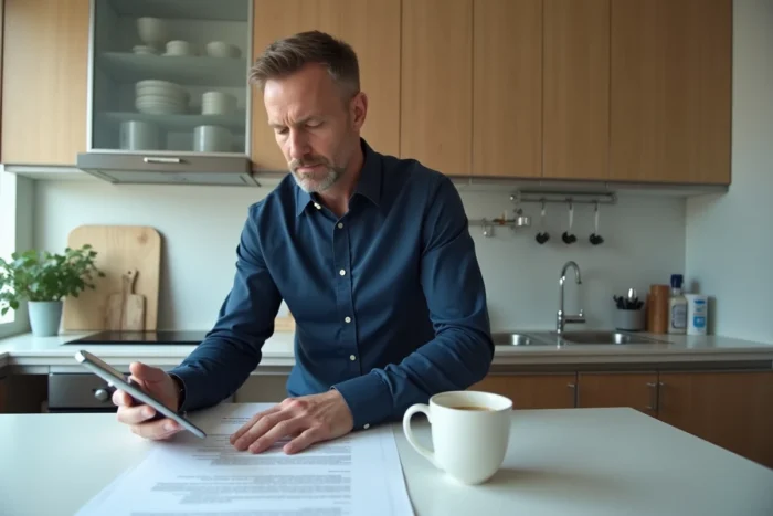 Homme numérisant son bail de location avec un smartphone dans une cuisine moderne