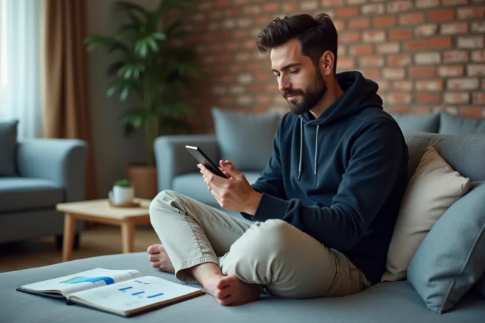 Jeune homme consultant des statistiques de revenus en ligne sur son smartphone depuis son salon