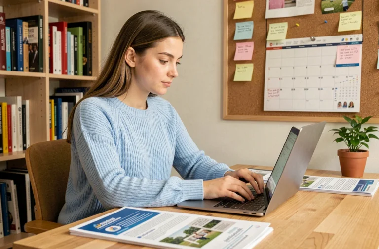 Jeune femme complétant son dossier d'inscription en ligne sur eCandidat depuis son bureau à domicile avec des documents universitaires