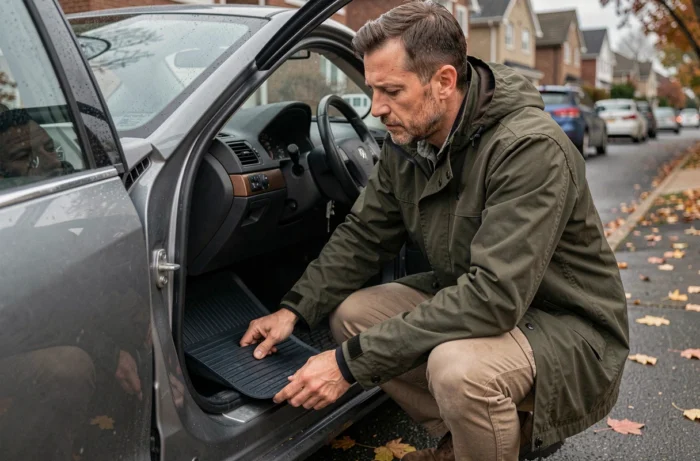 Homme installant un tapis de sol en caoutchouc moulé dans l'habitacle d'une berline familiale grise dans une rue résidentielle