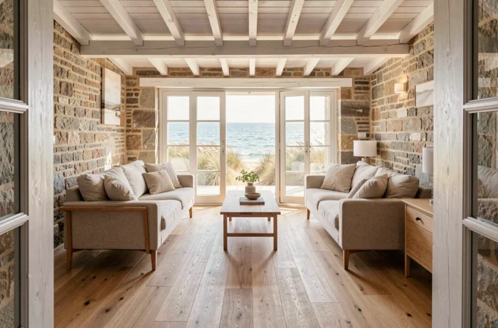 Intérieur lumineux d'une maison en Vendée avec vue sur les dunes et l'océan depuis le salon