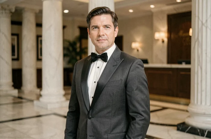 Homme en smoking dans le hall d'un grand hôtel en marbre évoquant l'esthétique de James Bond