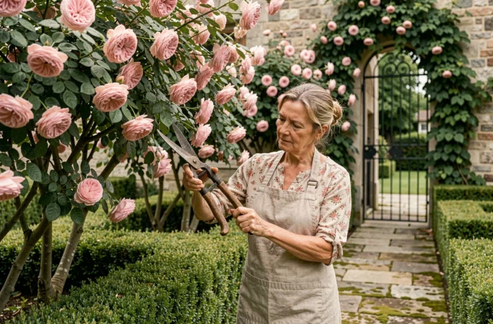 Femme jardinière taillant un rosier ancien dans un jardin à la française avec des haies de buis et un chemin en pierre moussu