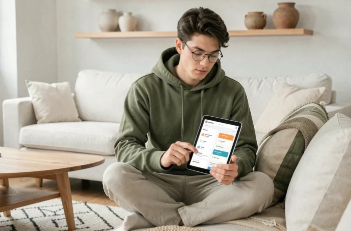 Jeune professionnel consultant la structure mobile du site Tekniko sur une tablette depuis un salon épuré